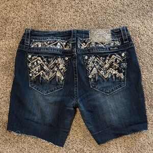 Miss Me Dark Blue Denim Shorts with Silver Embellishments